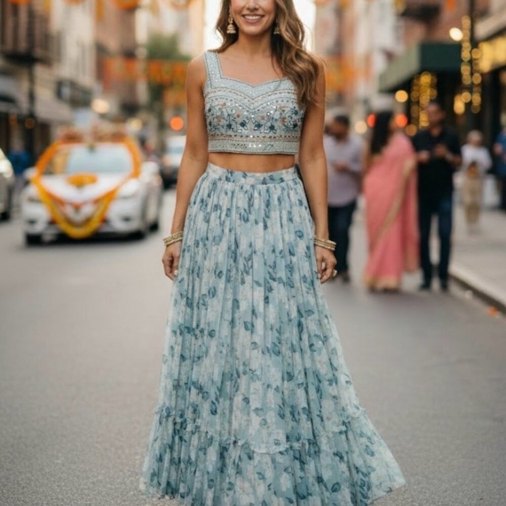 Embroidered Floral Two-Piece Lehenga in Light Blue